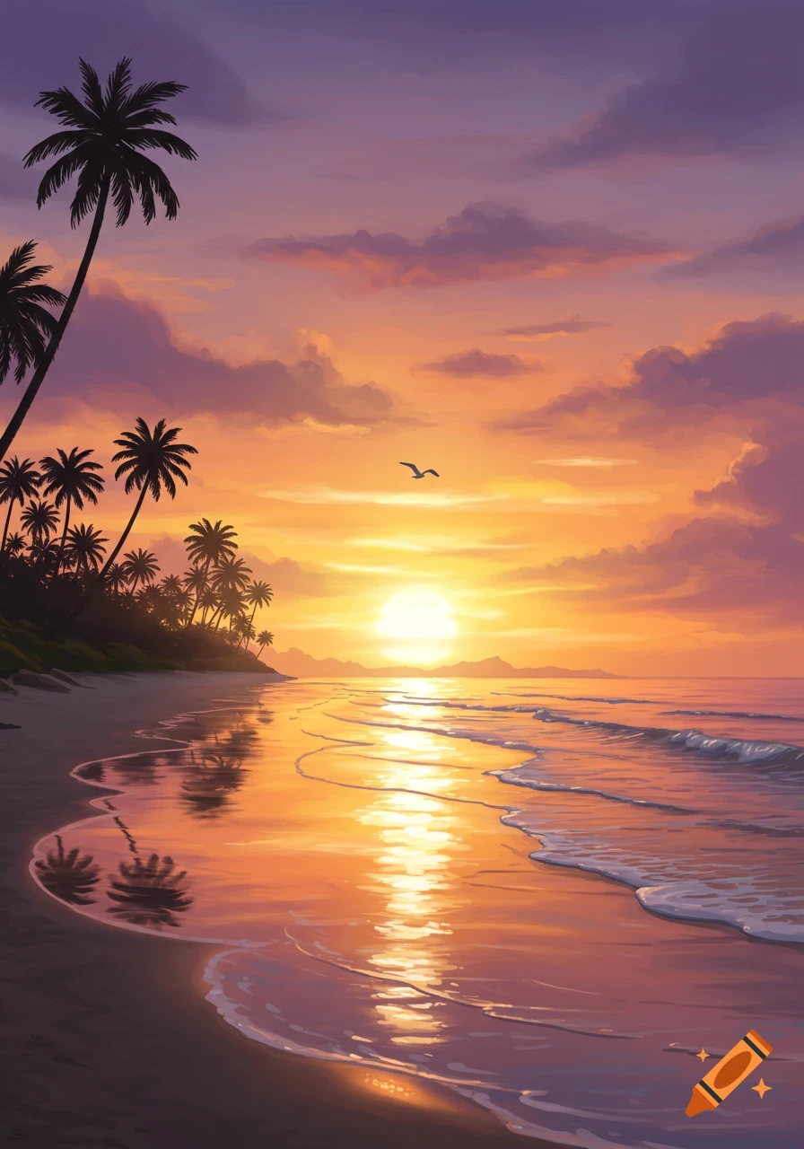 A vibrant, stylized sunset over a tropical beach with palm tree silhouettes and shimmering ocean waves.