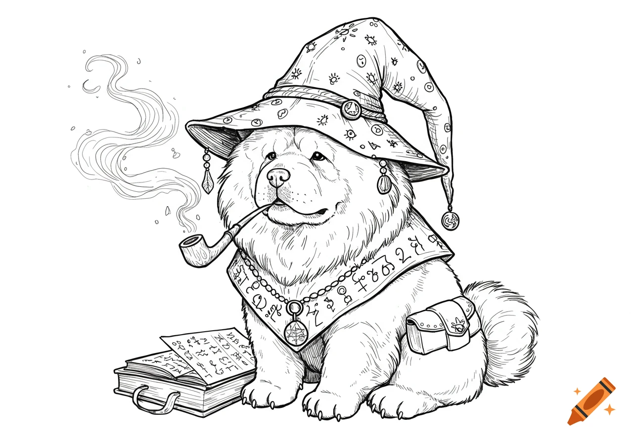 Line art of a fluffy chow chow dog dressed as a wizard, wearing a pointed hat, a decorative sash, and smoking a pipe, sitting next to an open book.