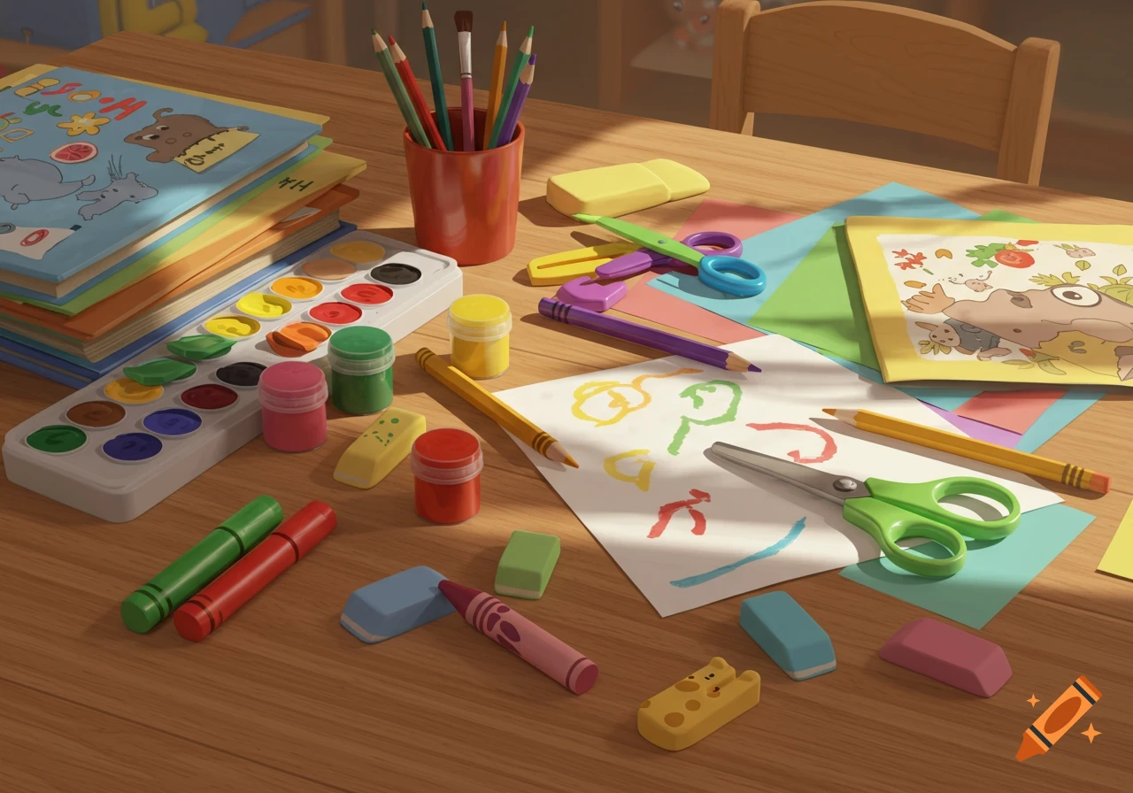 A close-up of a wooden table filled with colorful school and art supplies, including watercolors, pencils, crayons, scissors, erasers, and stacked books, rendered photorealistically.