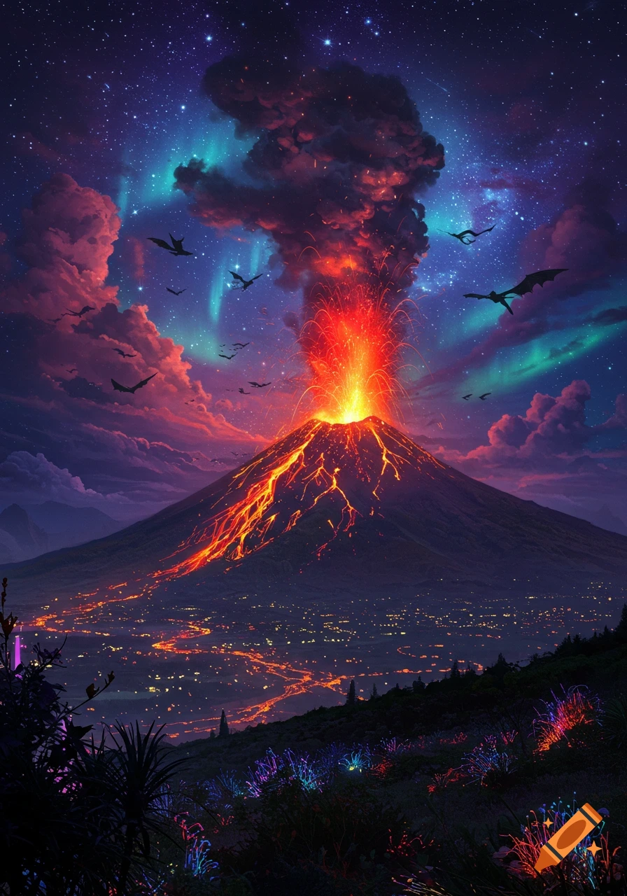 A fantasy-style volcanic eruption at night, with lava flowing down a mountain, a city below, a starry sky with aurora borealis, and dragons flying.