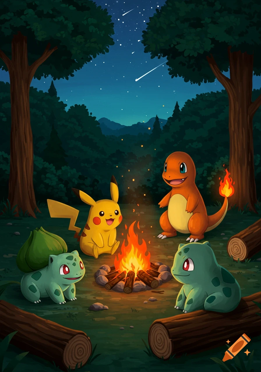 Pikachu, Charmander, and two Bulbasaur gather around a campfire in a forest at night, with shooting stars in the sky.