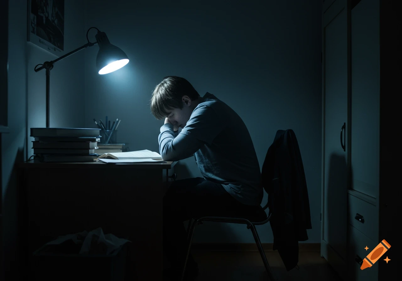 A male student slumped over an open book at a desk, under the bright beam of a desk lamp in a dark, moody room.