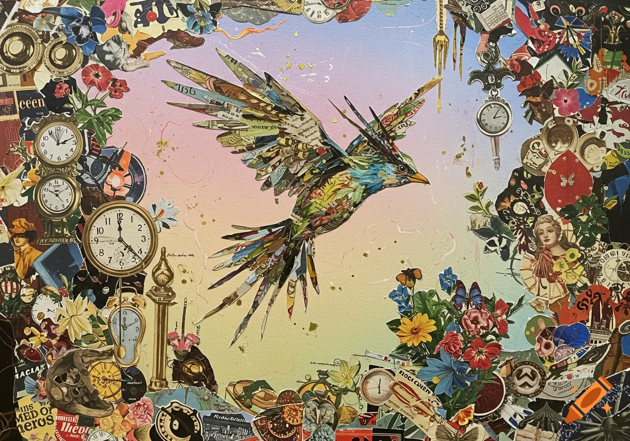 A vibrant collage artwork depicting a bird in flight, surrounded by vintage clocks, flowers, and fragmented text on a gradient background.