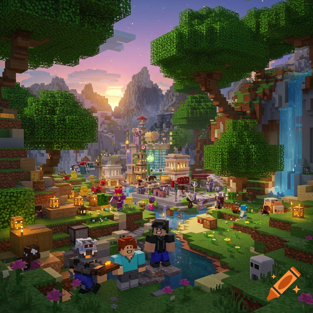 A vibrant, expansive Minecraft and Roblox-inspired landscape with blocky characters, detailed buildings, trees, mountains, and a waterfall at sunset.