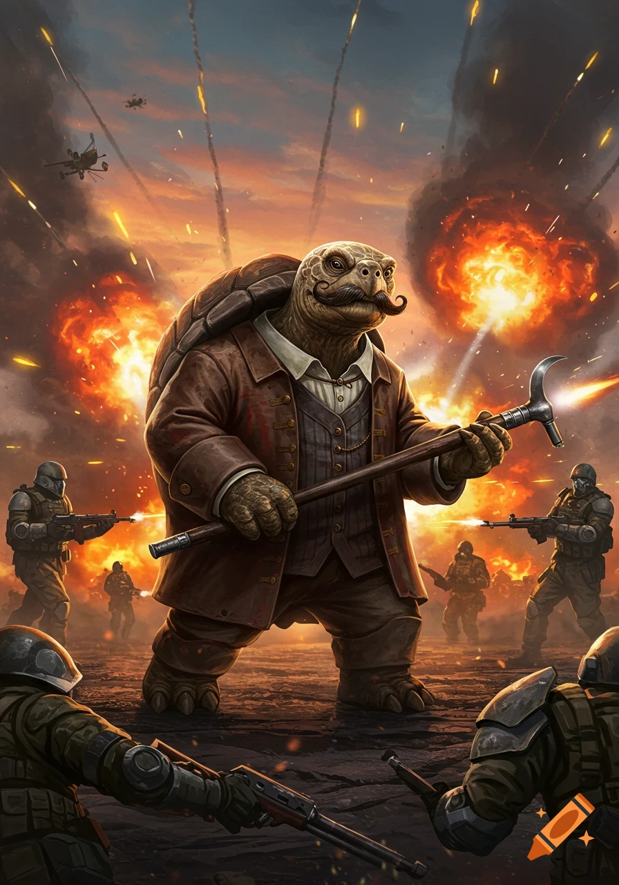 A dapper, mustachioed turtle in a suit stands amidst explosions and soldiers in a battlefield, holding a cane. Digital art.
