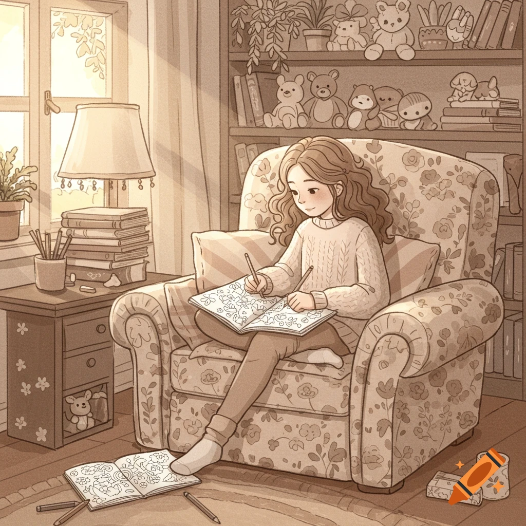 A cozy illustration of a girl with long hair coloring in a book while sitting in a patterned armchair by a sunny window, with bookshelves in the background.