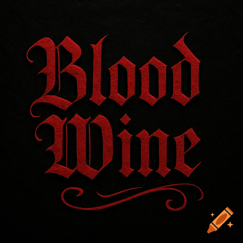Stylized red gothic text "Blood Wine" on a black background with subtle texture and ornate flourishes.