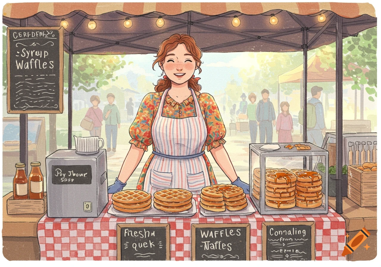 An illustration of a smiling woman in an apron behind a market stall selling waffles, with people in the background.