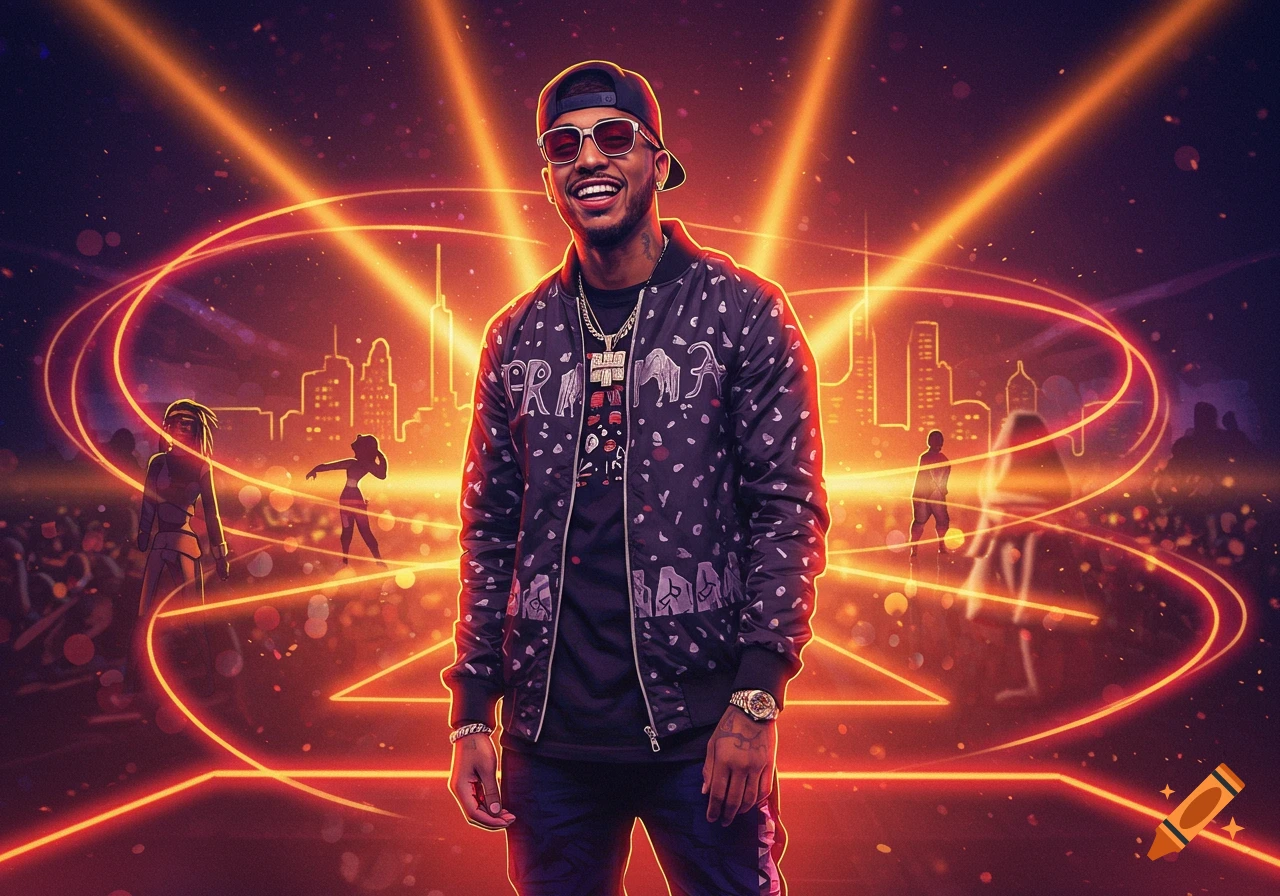 A smiling man in sunglasses, a cap, and a patterned bomber jacket stands in a vibrant urban concert scene with neon lights and a city skyline in the background.