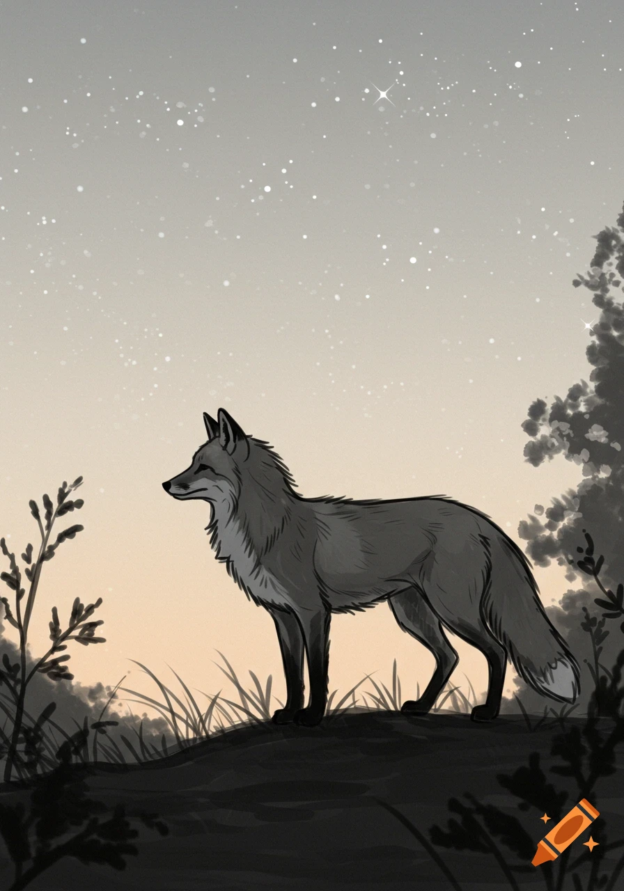 Stylized illustration of a gray fox standing on a hill under a starry night sky.