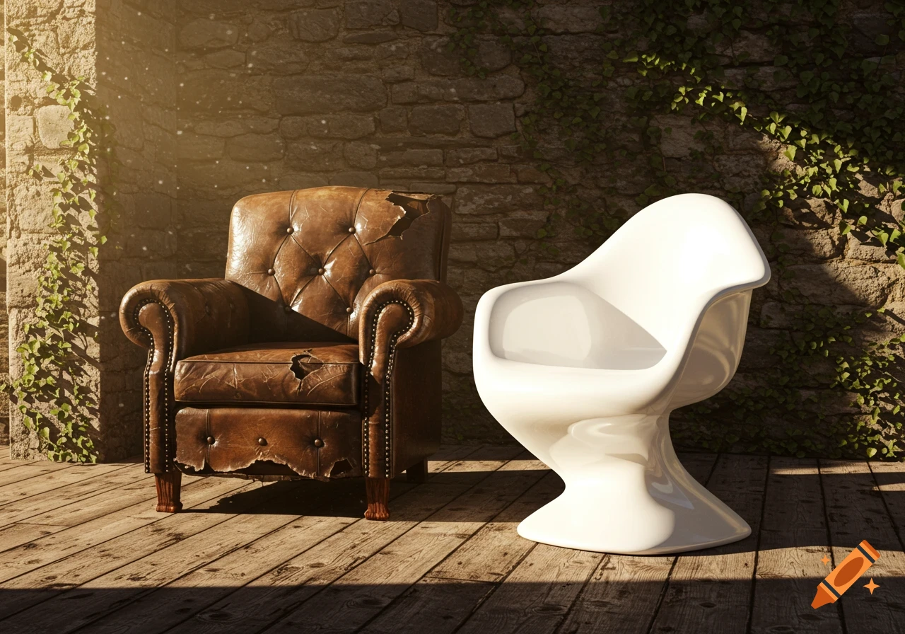 An old decaying brown leather armchair next to a modern white chair on a wooden deck, against a sunlit stone wall with ivy.