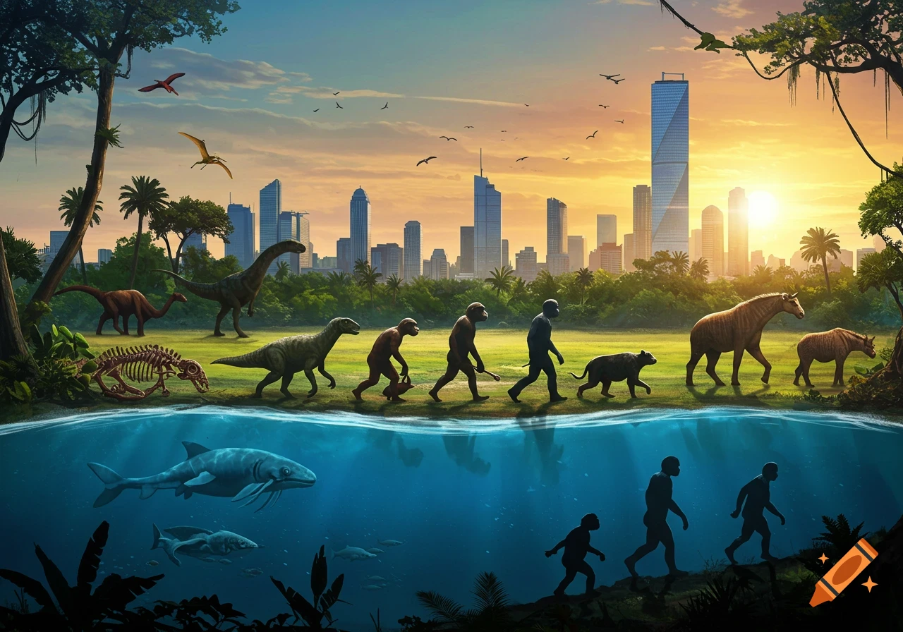 Illustrative timeline of evolution: dinosaurs, hominids, and modern animals on land, aquatic life below, cityscape at sunset.