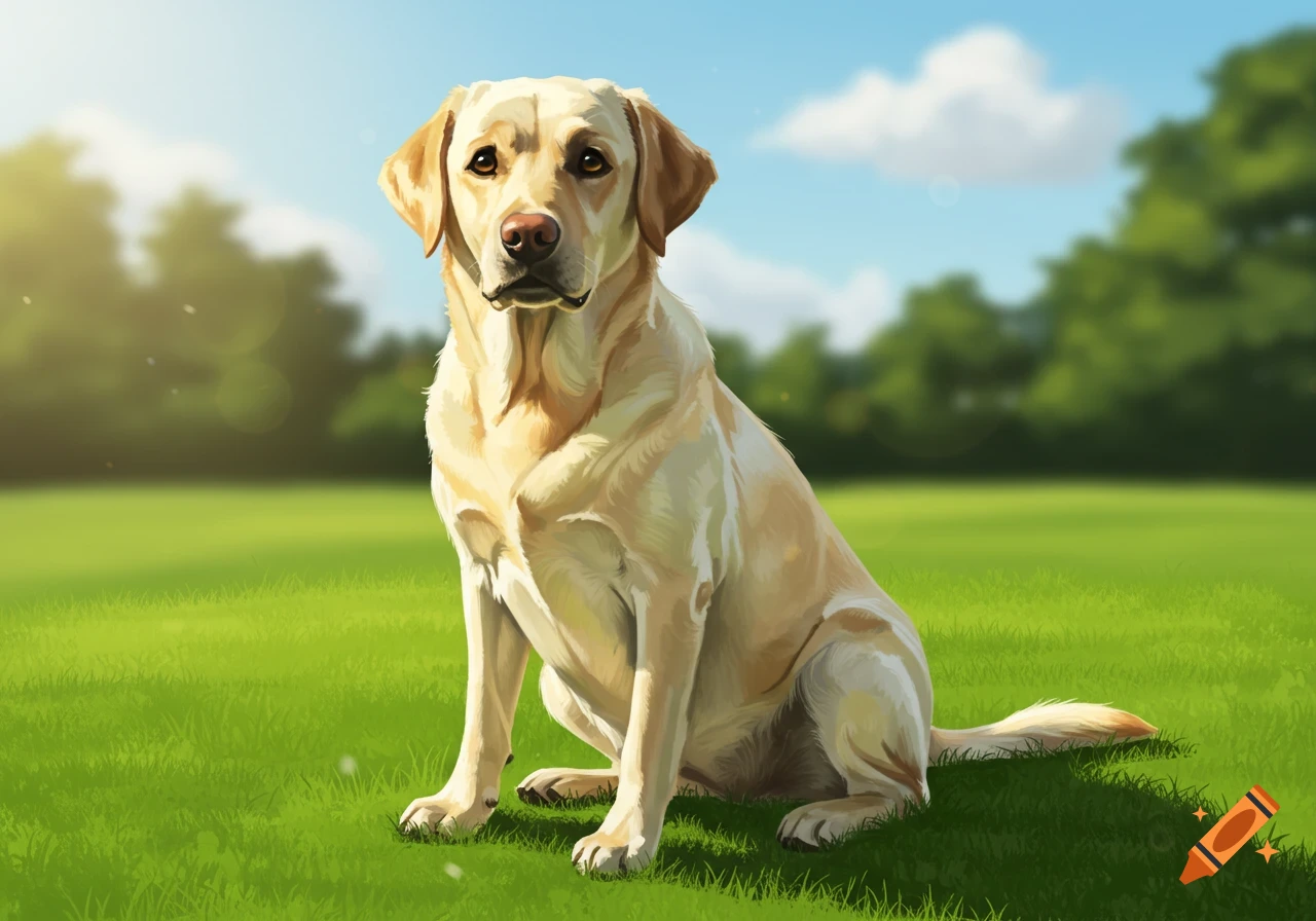 A yellow Labrador Retriever sits on a sunny green field, looking at the camera. Illustrated in a bright, friendly style.