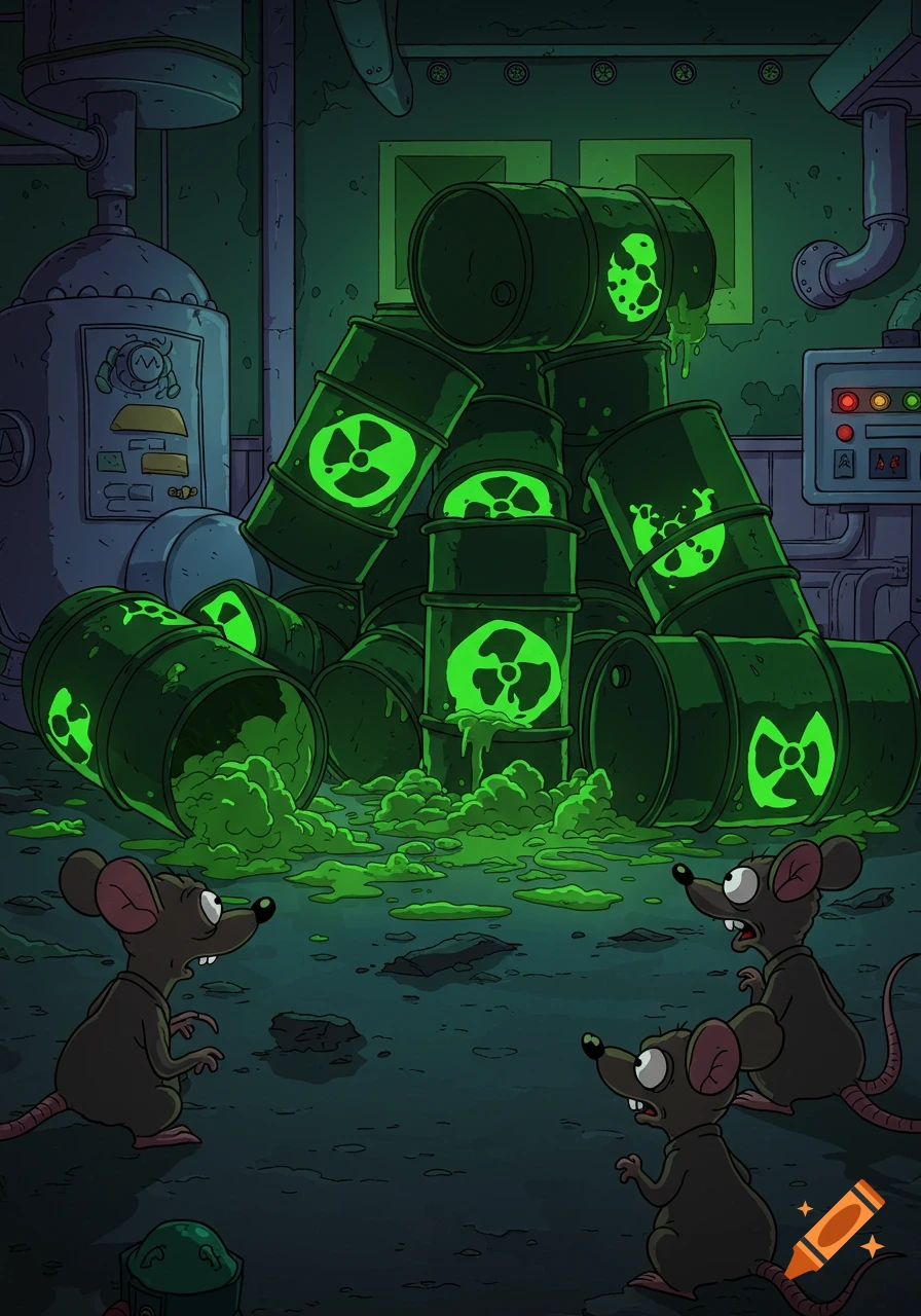 A cartoon of three terrified rats surrounded by glowing green nuclear waste spilling from overturned barrels in a dark, industrial room.