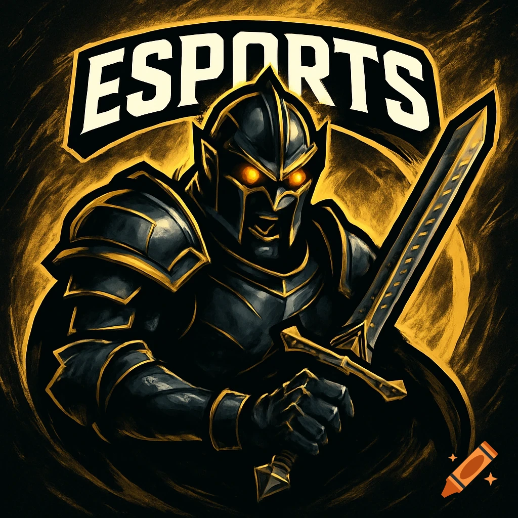 Esports logo with a black and gold knight, glowing eyes, and a sword on a dark golden background.