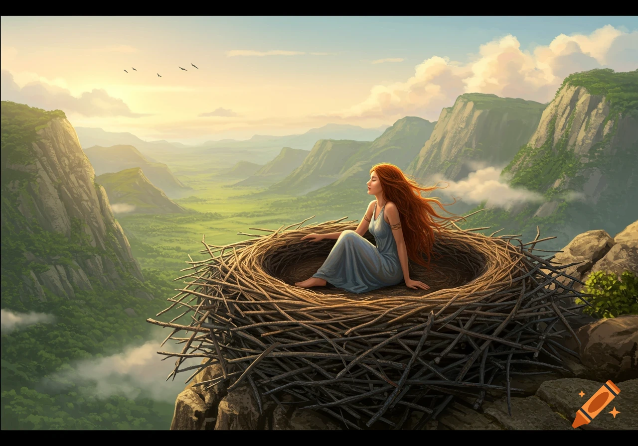 A red-haired woman in a blue dress rests in a giant bird's nest on a mountain cliff, overlooking a vast green valley at sunrise.