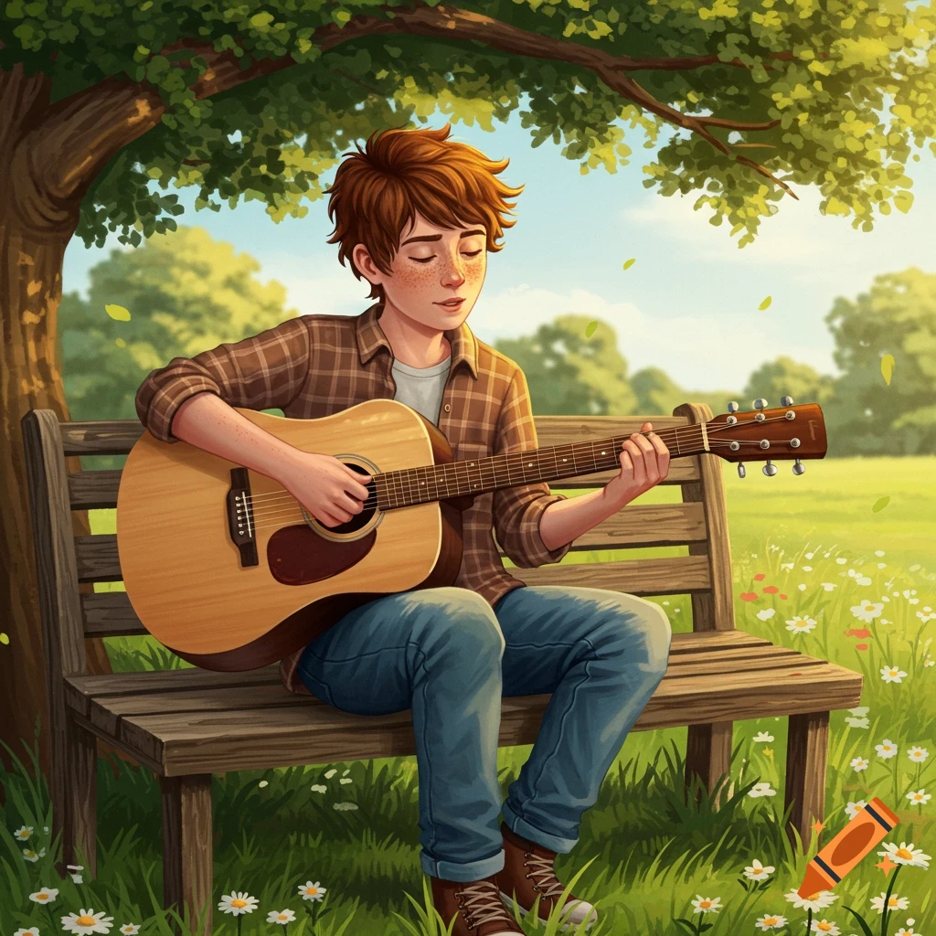 Cartoon illustration of a boy with red hair and freckles playing an acoustic guitar on a park bench under a tree.