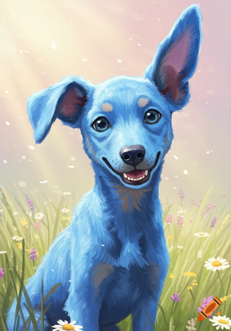 A vibrant blue dog with large ears and a wide smile sits in a field of wildflowers under a bright sky, digital painting.