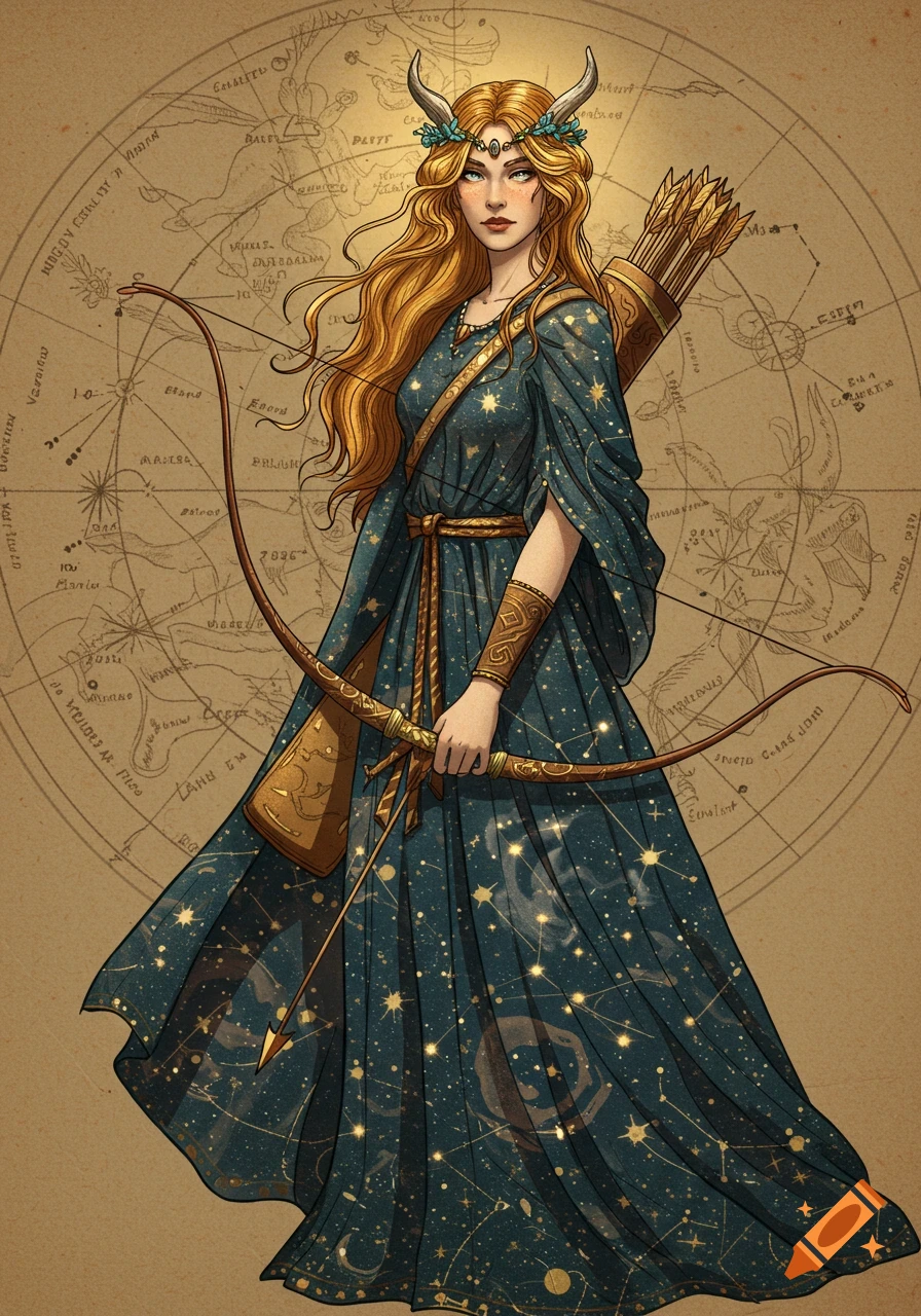 A fantasy illustration of a golden-haired woman with horns and a starry dress, holding a bow and arrow, against a celestial map.