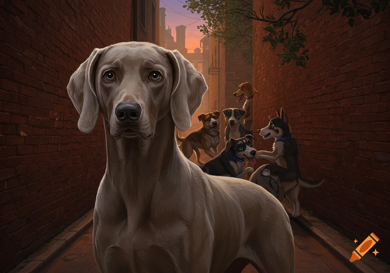 A large Weimaraner dog stands in a brick alley with several other anthropomorphic dogs in the background. Painted style.