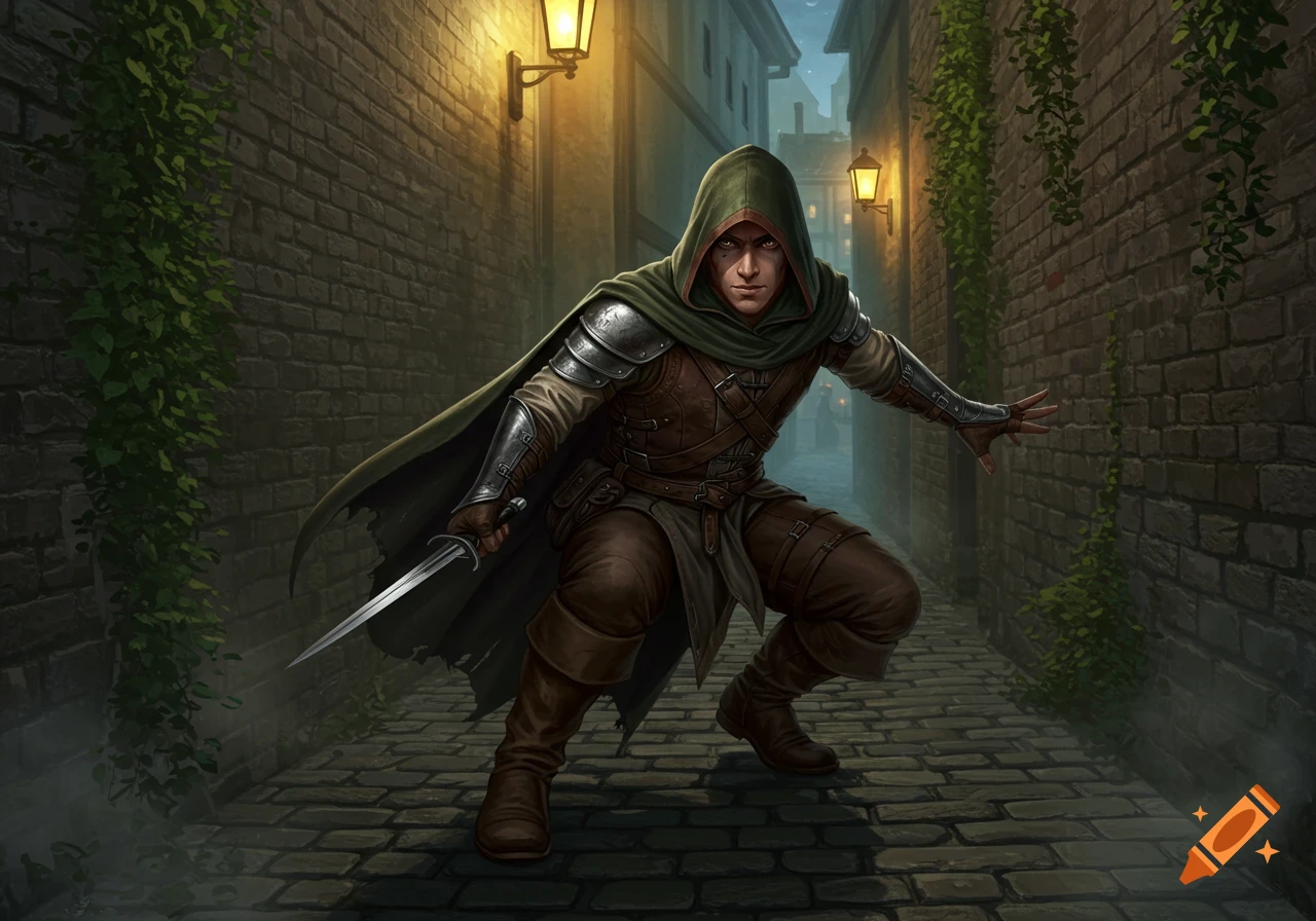A hooded fantasy rogue with a dagger crouches in a dark, lantern-lit alley.