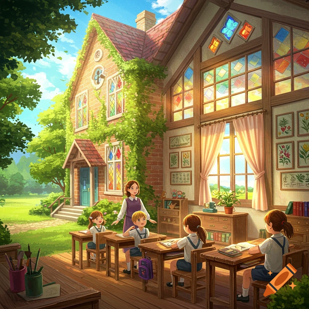 An outdoor classroom scene with a teacher and students learning in front of a beautiful, ivy-covered schoolhouse.