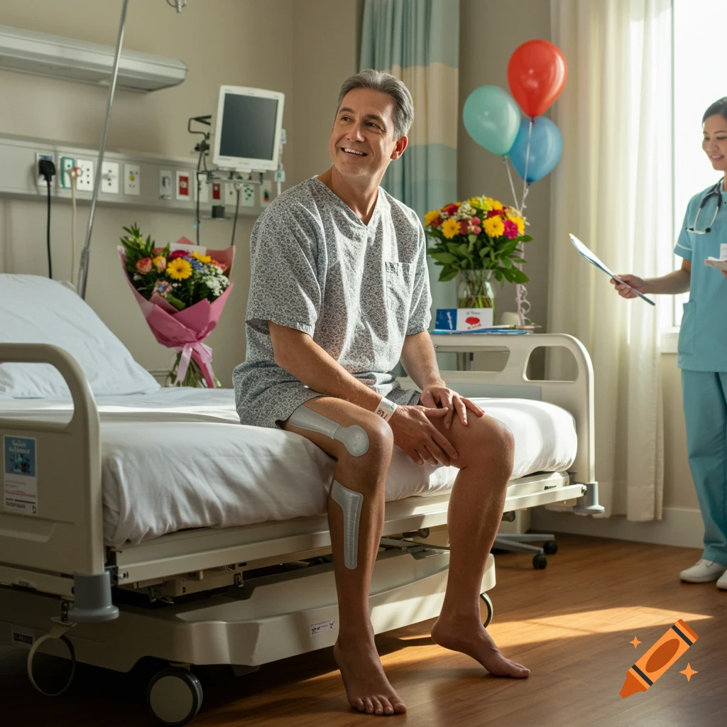 A smiling male patient sits on a hospital bed, wearing a gown and medical patches on his leg, while a nurse stands nearby.