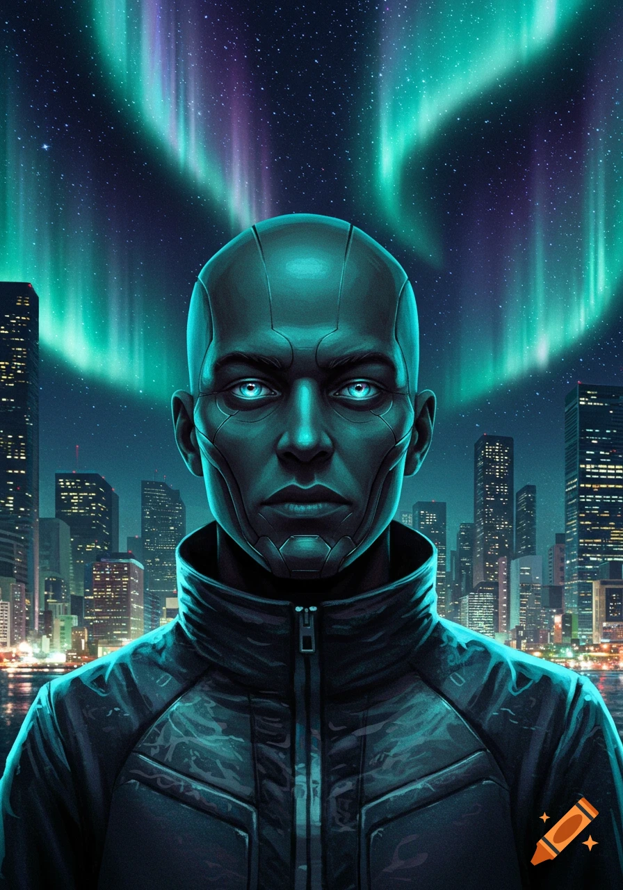 Sci-fi portrait of a bald, blue-eyed man in a dark jacket against a neon city skyline under an aurora borealis.