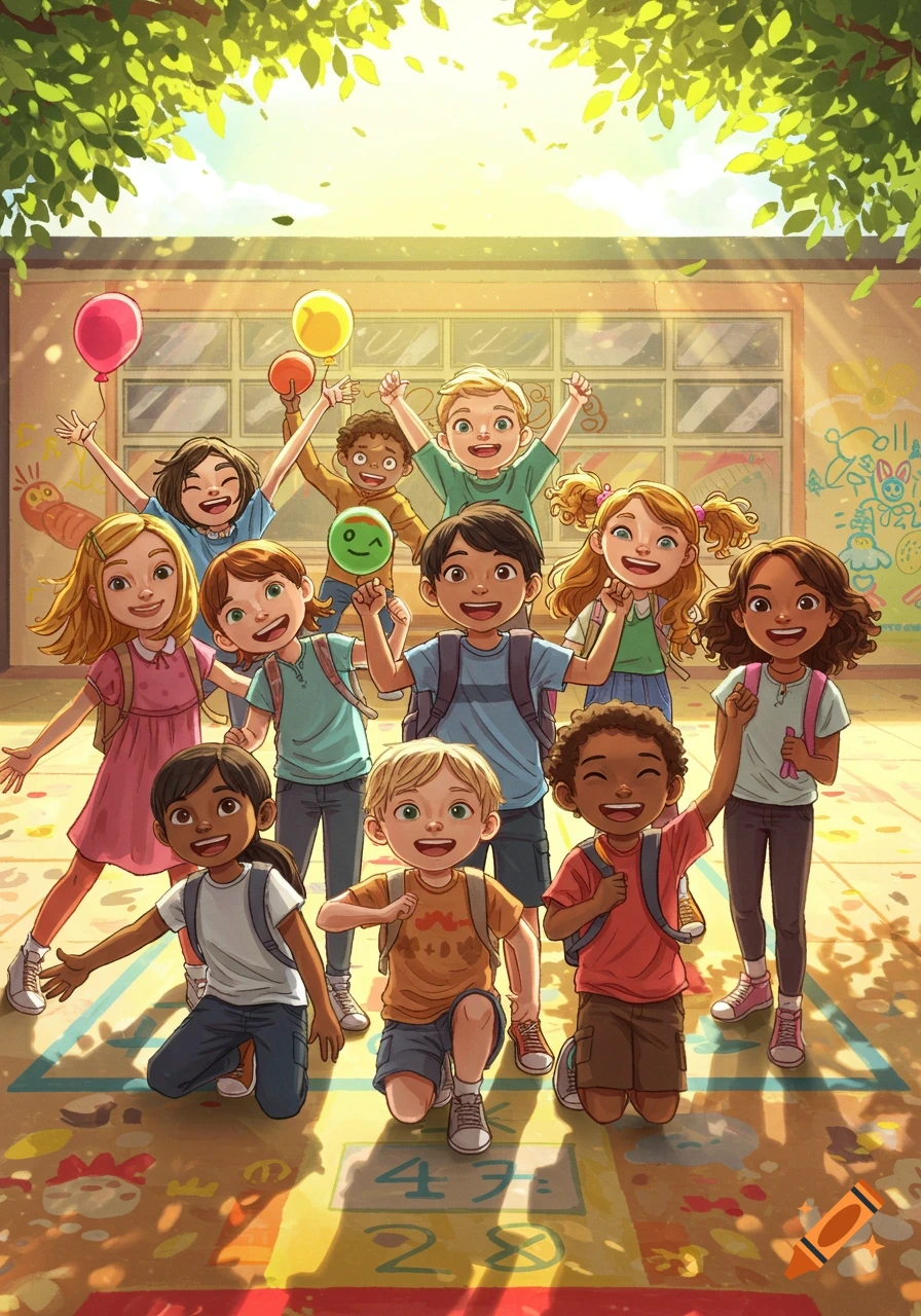 A diverse group of happy children playing in a sunny schoolyard, cartoon illustration.