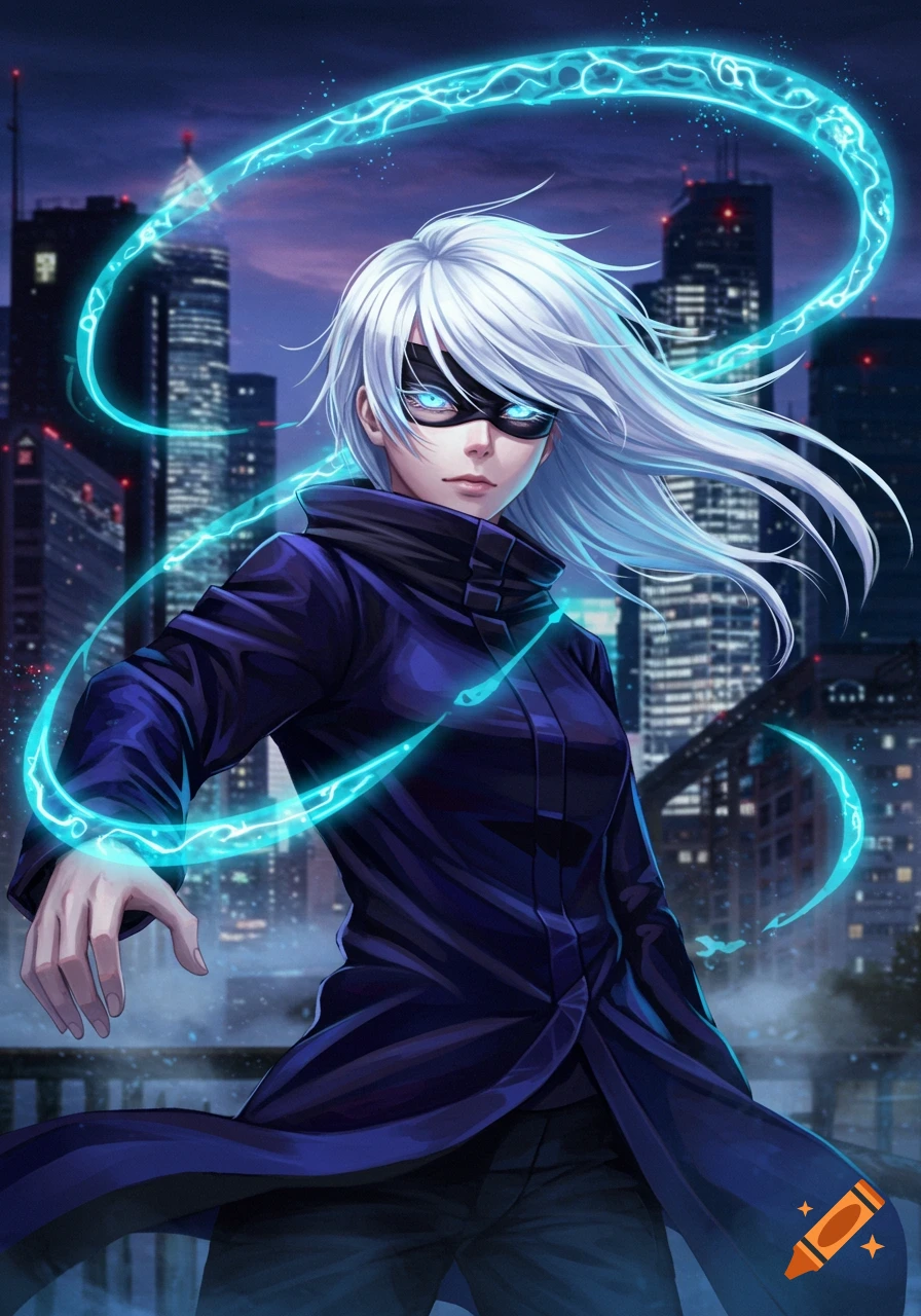 Anime character with white hair, black mask, and glowing blue eyes, with blue energy swirling around her against a city skyline at night.
