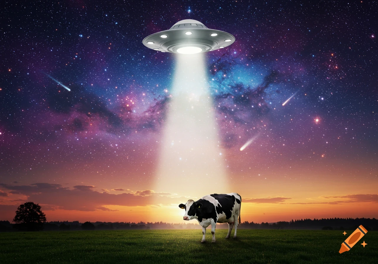 A black and white cow stands in a green field, illuminated by a beam of light from a UFO hovering in a starry galaxy sky at sunset.