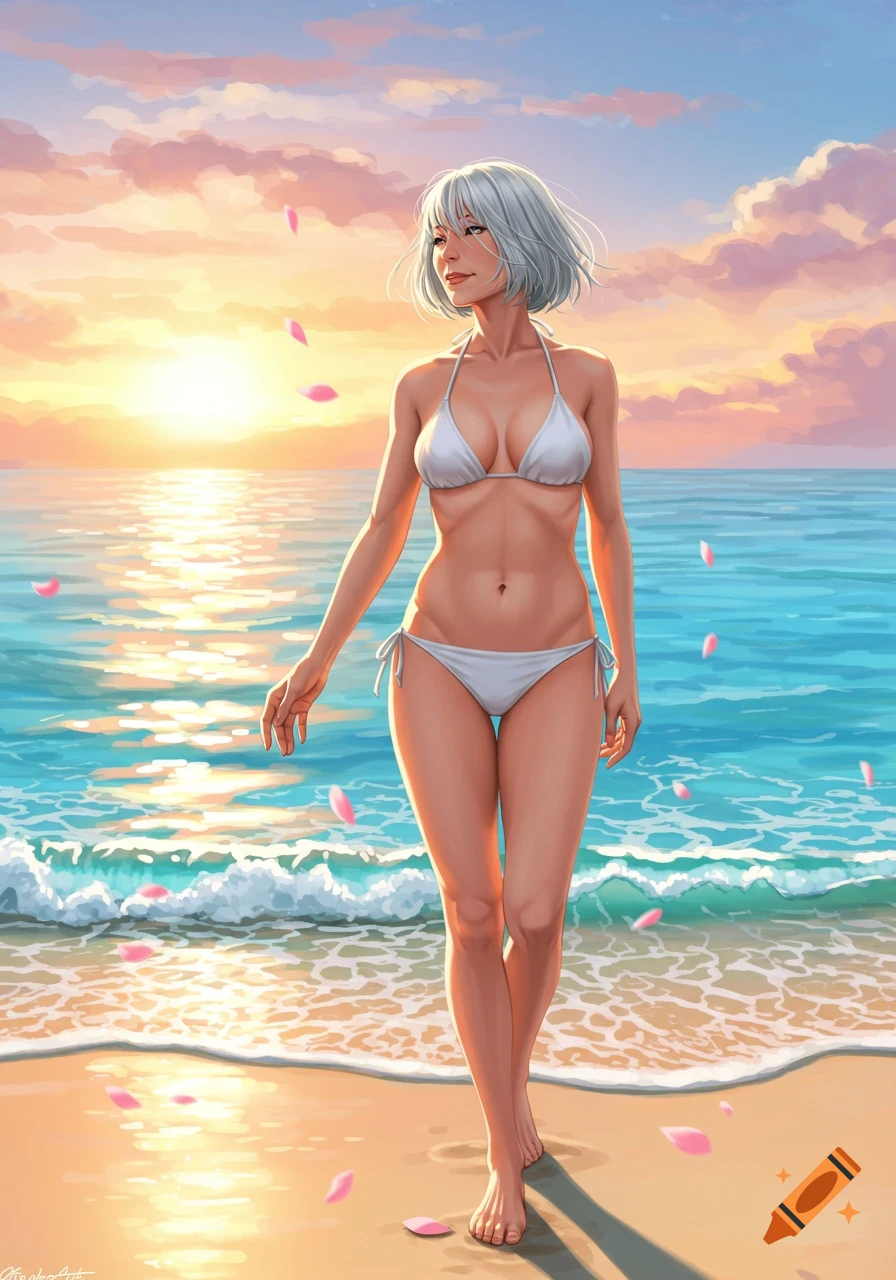 An anime-style woman with short white hair in a white bikini walks on a sandy beach at sunset, with pink petals falling.