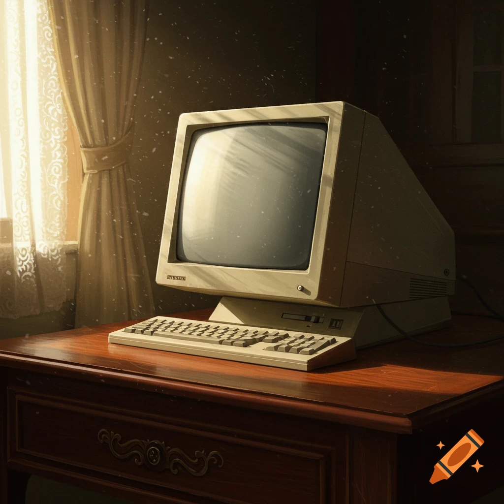 A vintage CRT monitor and keyboard on a wooden desk, bathed in warm light from a window.