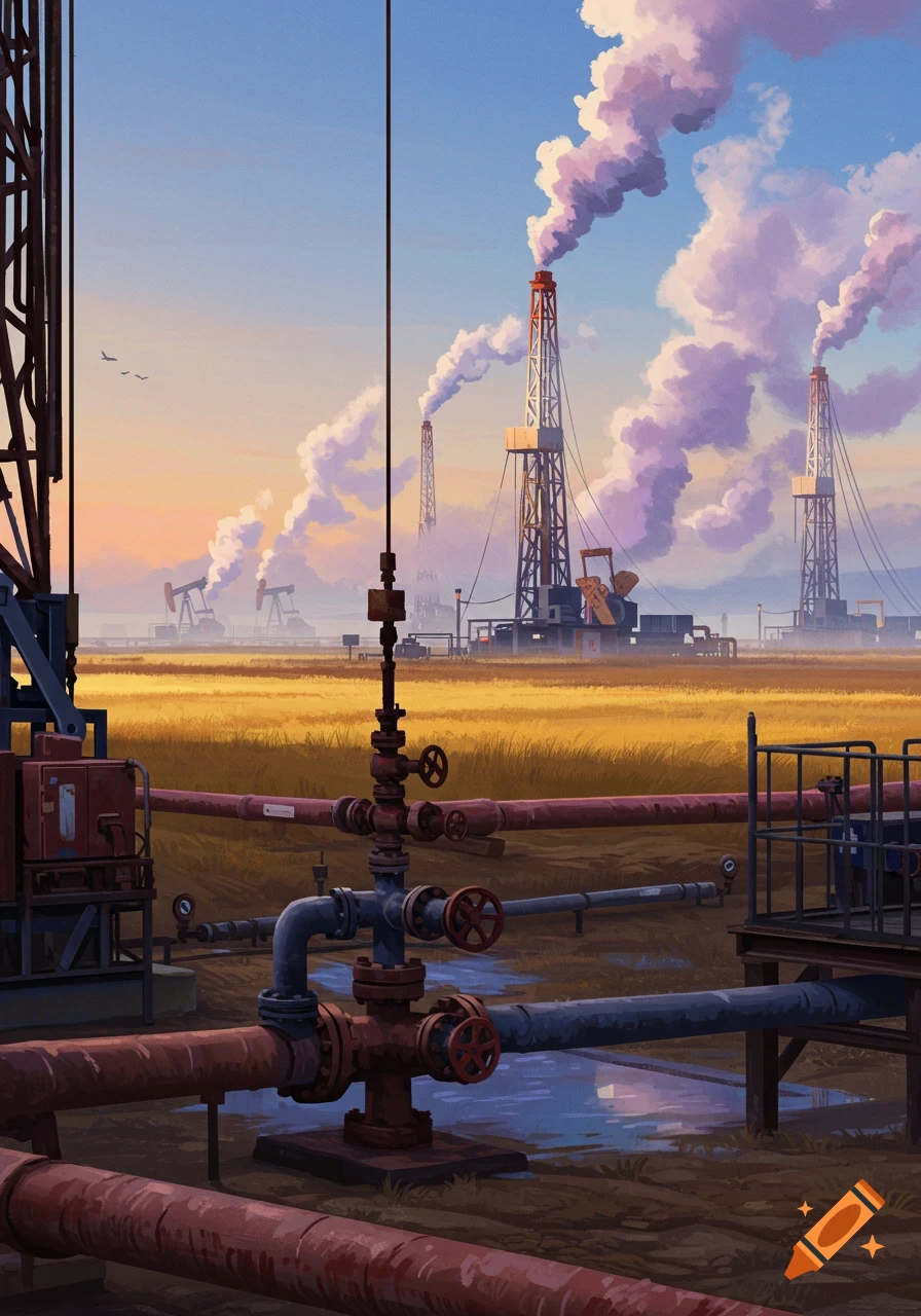 A stylized painting of an oil and gas field at sunset with multiple drilling rigs, pipelines, and smoke plumes against a golden sky.