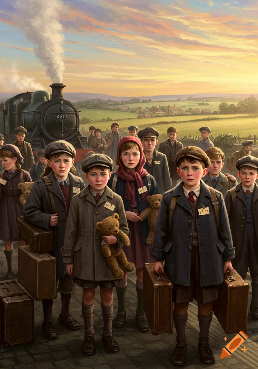 A group of somber children with suitcases and teddy bears stand by a steam train in a rural landscape at sunset, depicting a WW2 evacuation.