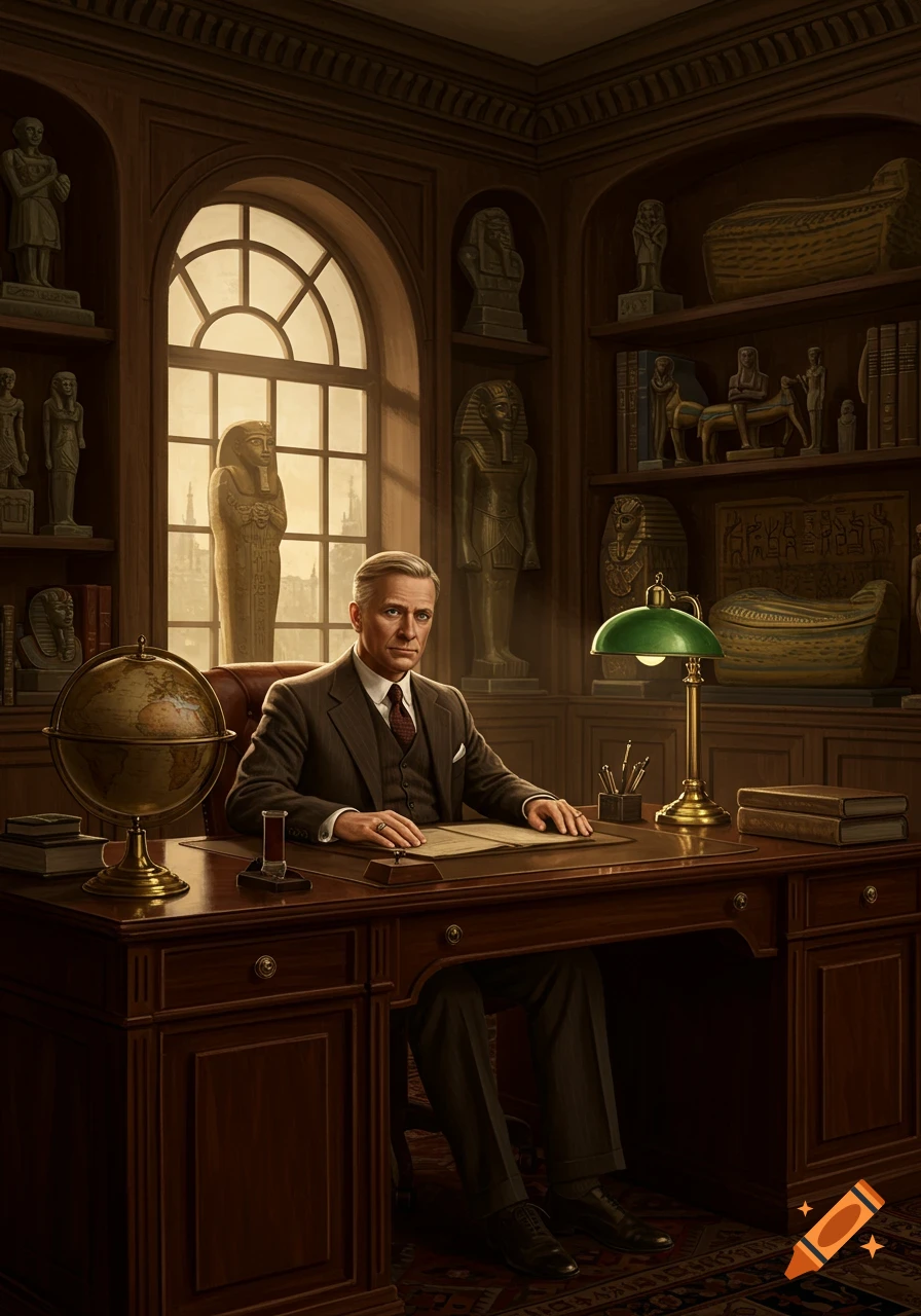 A man in a 1930s suit sits at a desk in a wood-paneled office filled with Egyptian artifacts, looking forward.