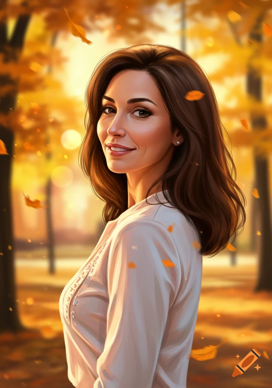 Illustrative portrait of a smiling woman with brown hair, looking back in an autumn park with falling leaves.