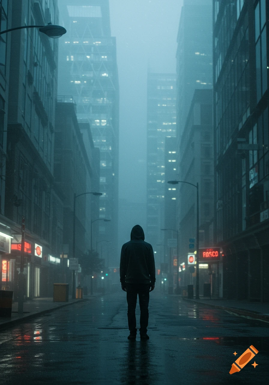 A person in a hoodie stands alone on a wet city street at night, with foggy skyscrapers and glowing signs.