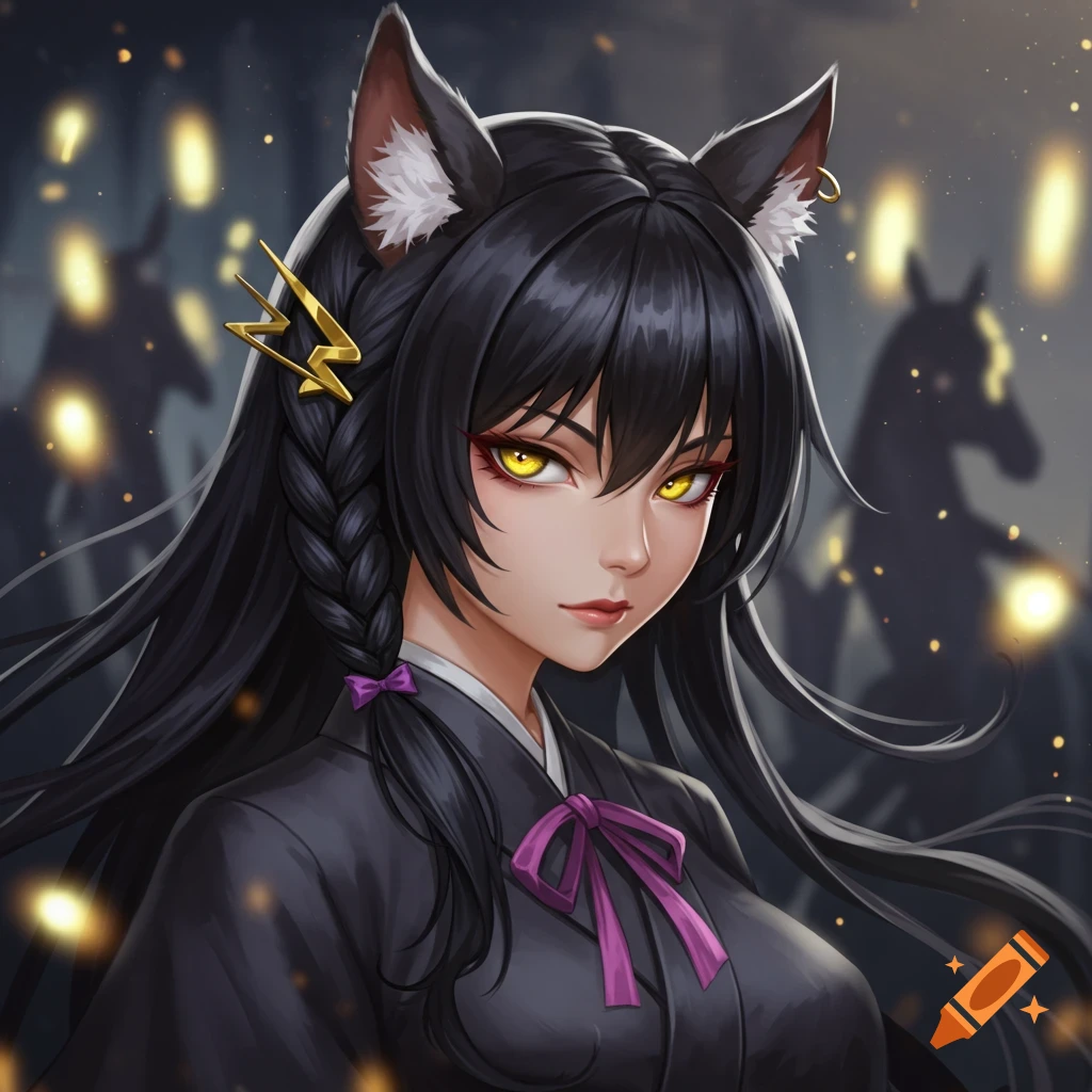 An anime girl with long black hair, sharp yellow eyes, horse ears with a golden lightning pin, and a purple bow in her braid, against a dark, glowing background.