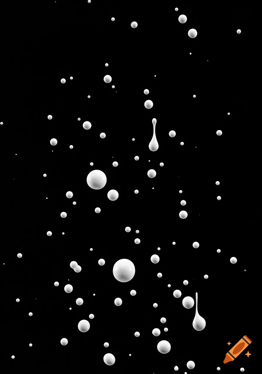 White droplets and spheres of various sizes drip against a black background.