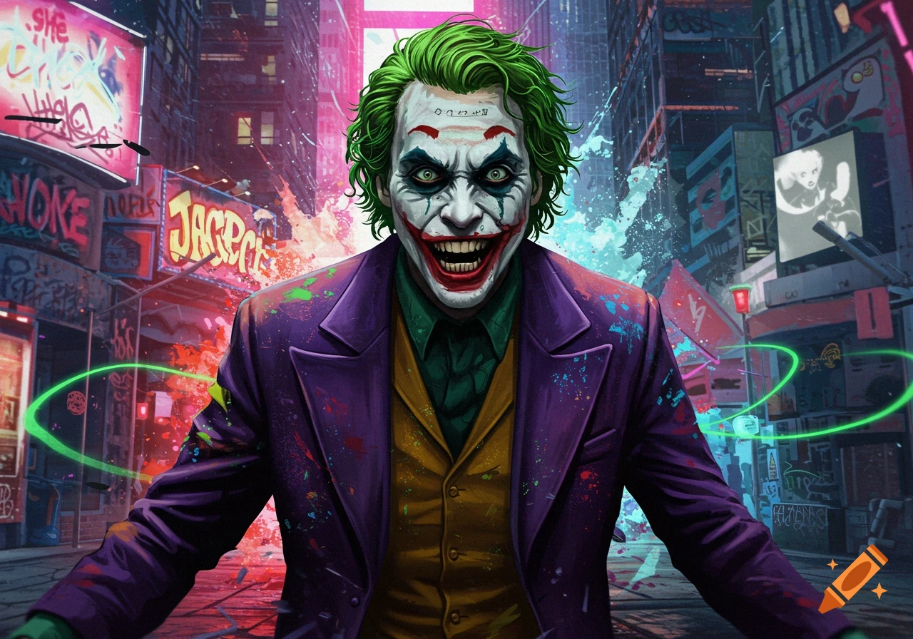 A menacing Joker with green hair and a purple suit, covered in paint, stands in a neon cyberpunk city street.