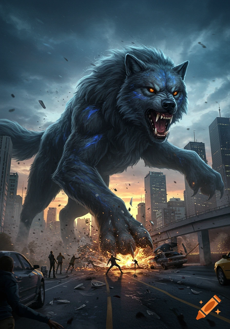A giant, furious black wolf with glowing orange eyes attacks a city street, scattering debris and dwarfing tiny silhouetted people.