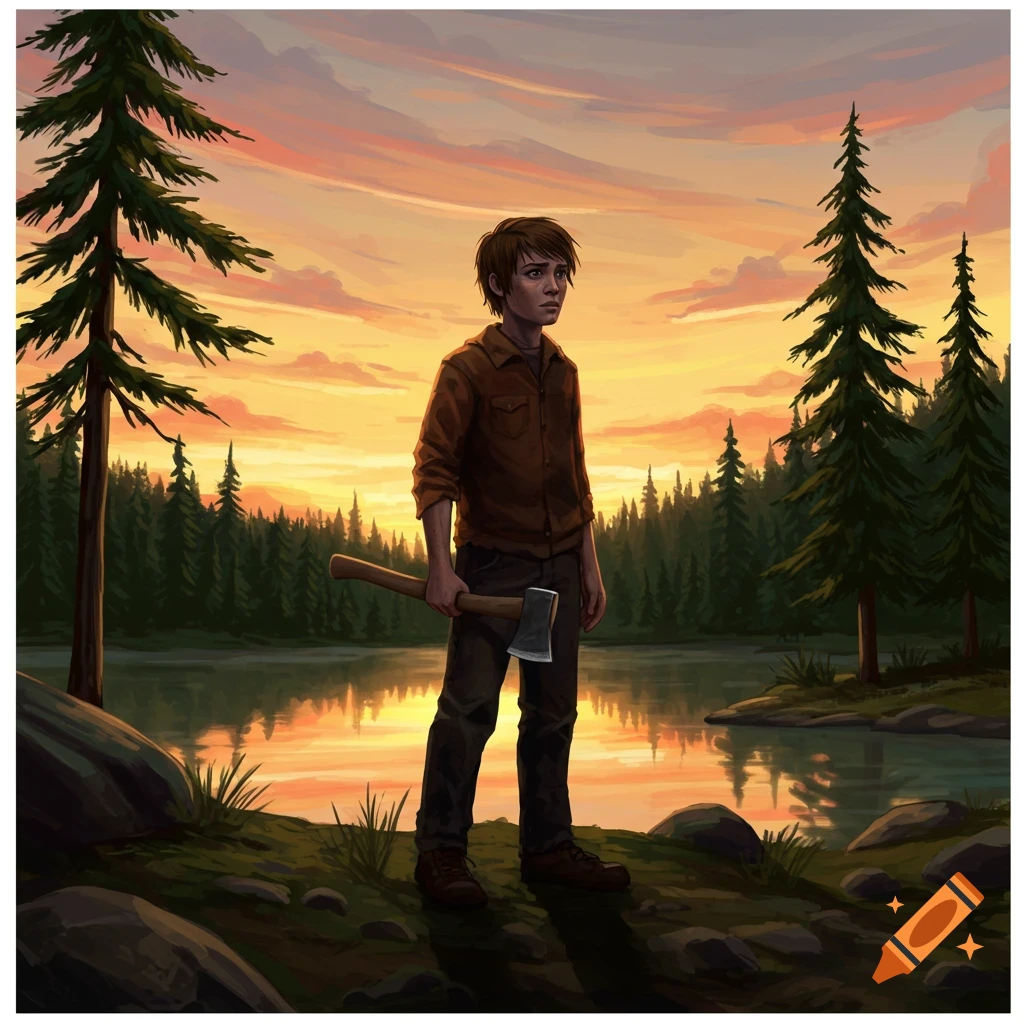 An illustration of a young boy holding an axe, standing by a reflective lake in a forest at sunset.