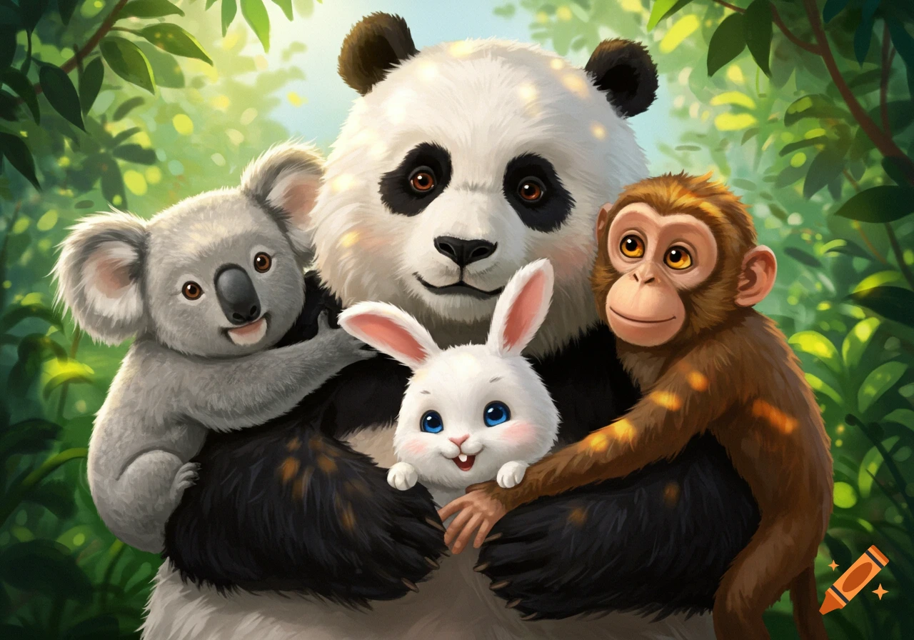 Cartoon panda, koala, monkey, and bunny hugging warmly in a bright, lush forest.