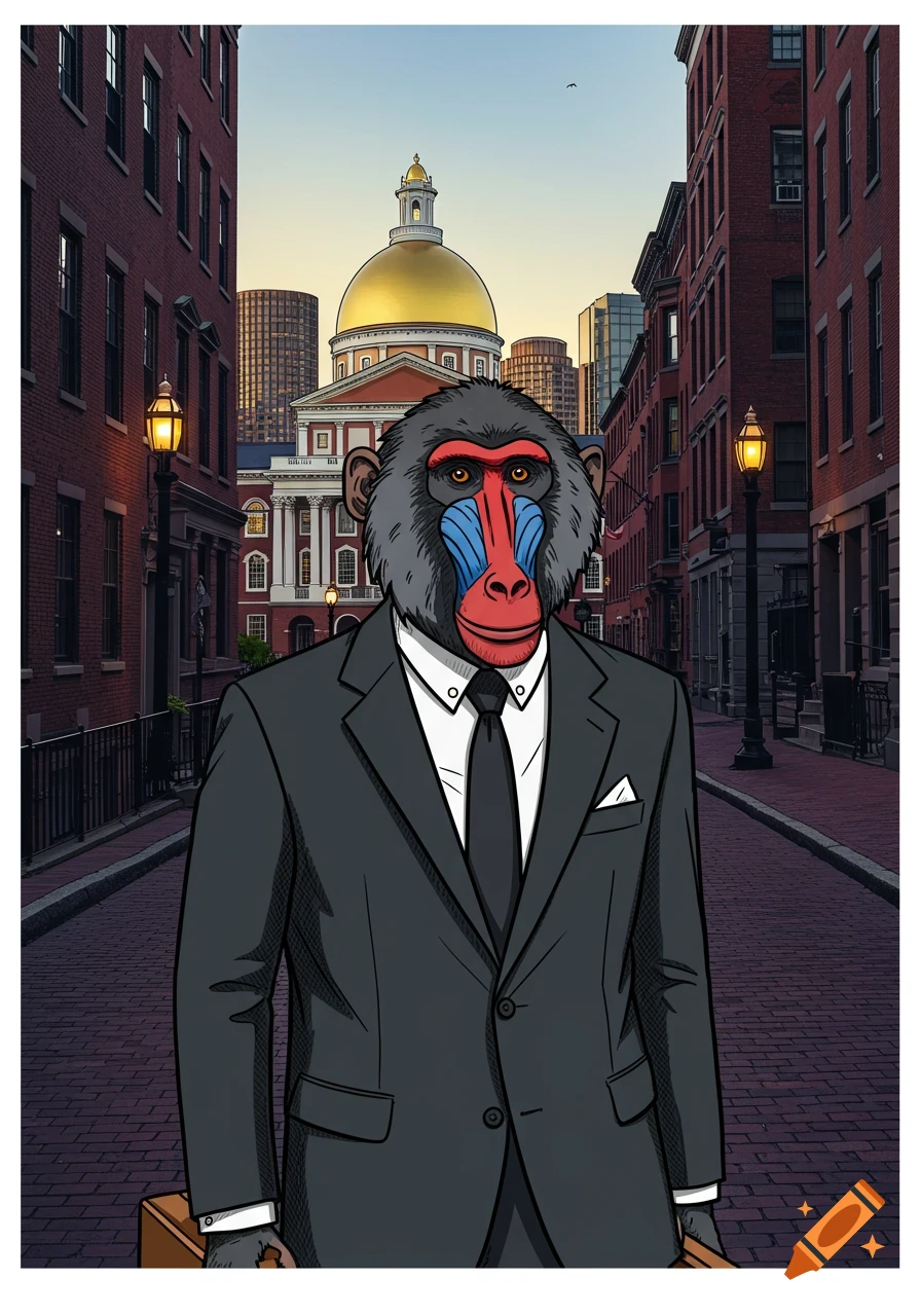 A cartoon baboon in a suit stands on a cobblestone street with the Boston State House and city buildings in the background.