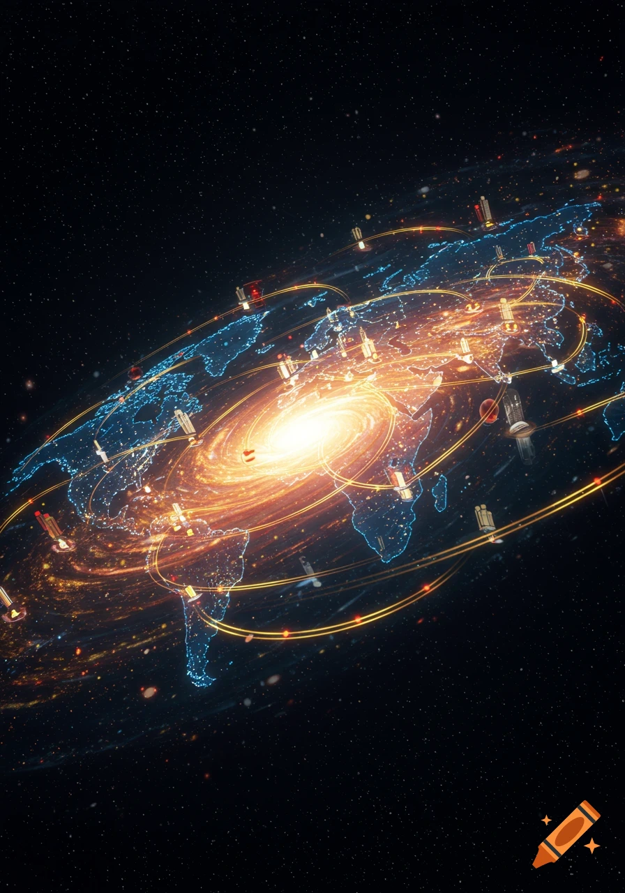 A glowing, swirling galaxy with an illuminated world map superimposed, encircled by connected satellites and data lines.
