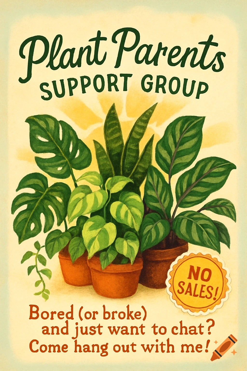Illustrated flyer for 'Plant Parents Support Group' with potted houseplants and a 'No Sales!' sticker.