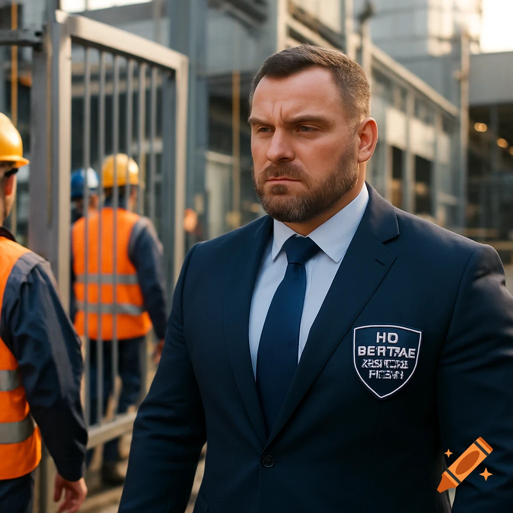 A serious security guard in a dark blue suit and tie stands at a factory gate with workers in the background, looking professional.