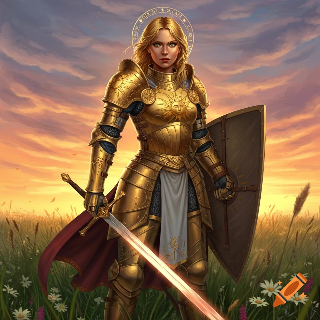 A blonde female paladin in golden armor holding a sword and shield stands in a field at sunset.