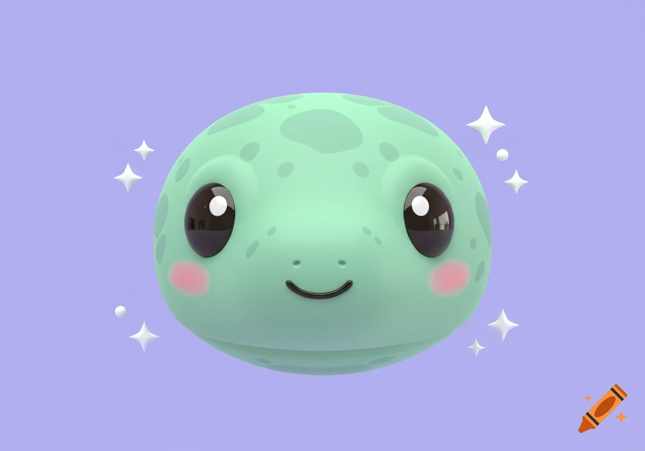 A simplified 3D kawaii-style green turtle or frog head with big black eyes and rosy cheeks, floating on a light purple background with white sparkles.